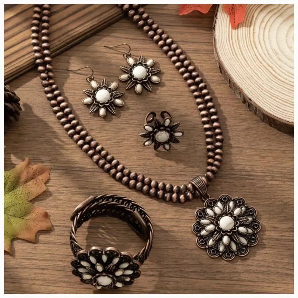 Bohemian 3-Layer Sunflower White Turquoise Faux Stone Jewelry Set 4pc